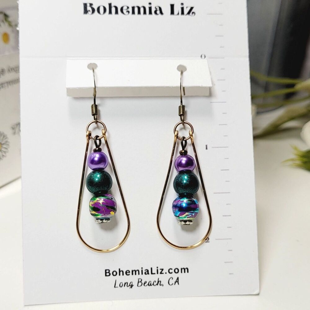 Purple Glass Antique.Bronze Hooks Hidden Meaning earrings Earthy Bohemian,  354■